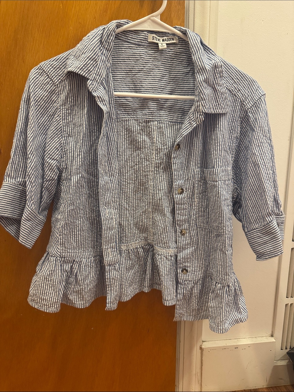 Steve Madden Women’s Blue & White Striped Ruffle Hem Button-Up Top